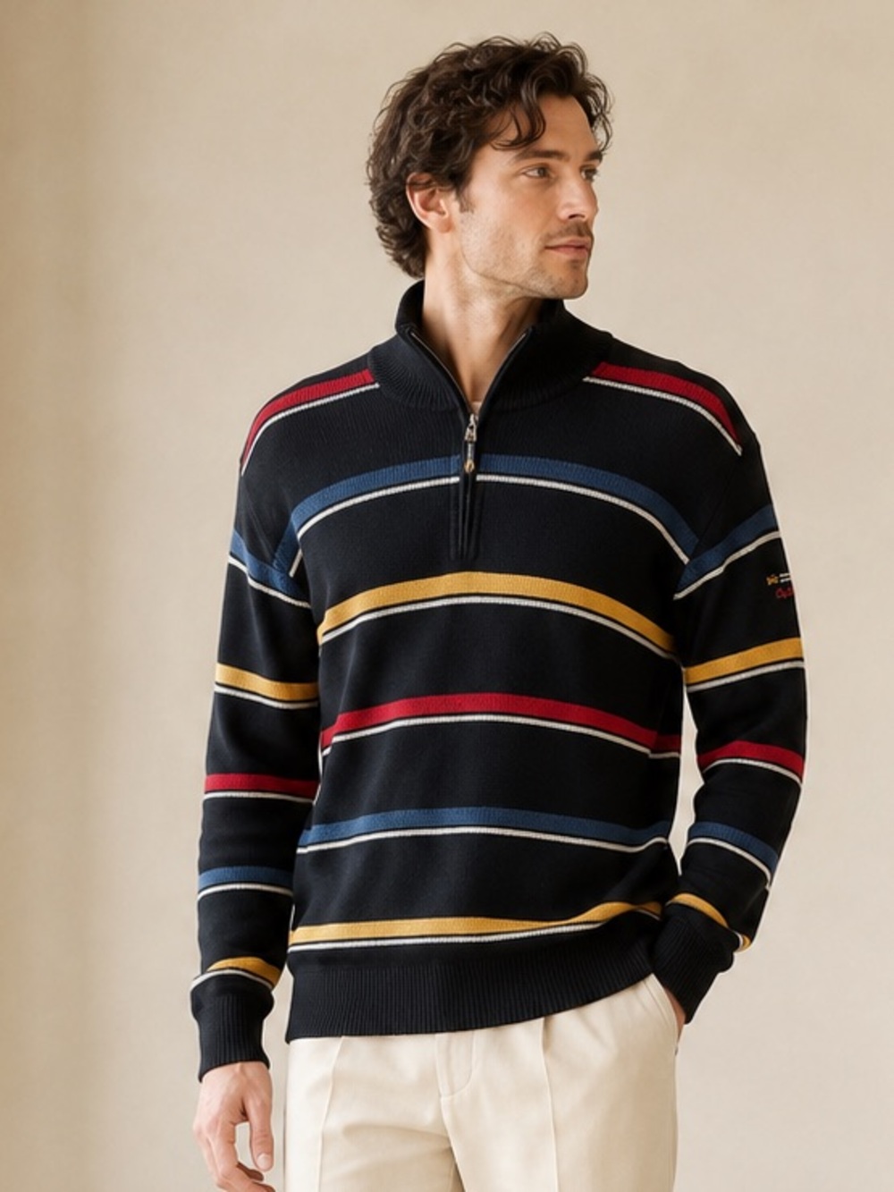 Sail Exp Marine Concept Y2K Striped Merino Wool Quarter Zip Sweater Sz XL
